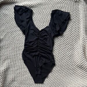 Black Ruched Bodysuit with Flutter Sleeves